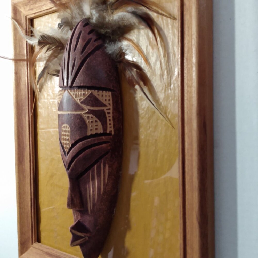 Very Unique African Tribal Mask With Feathers Framed World Art ~ Swahili - Picture 2 of 10